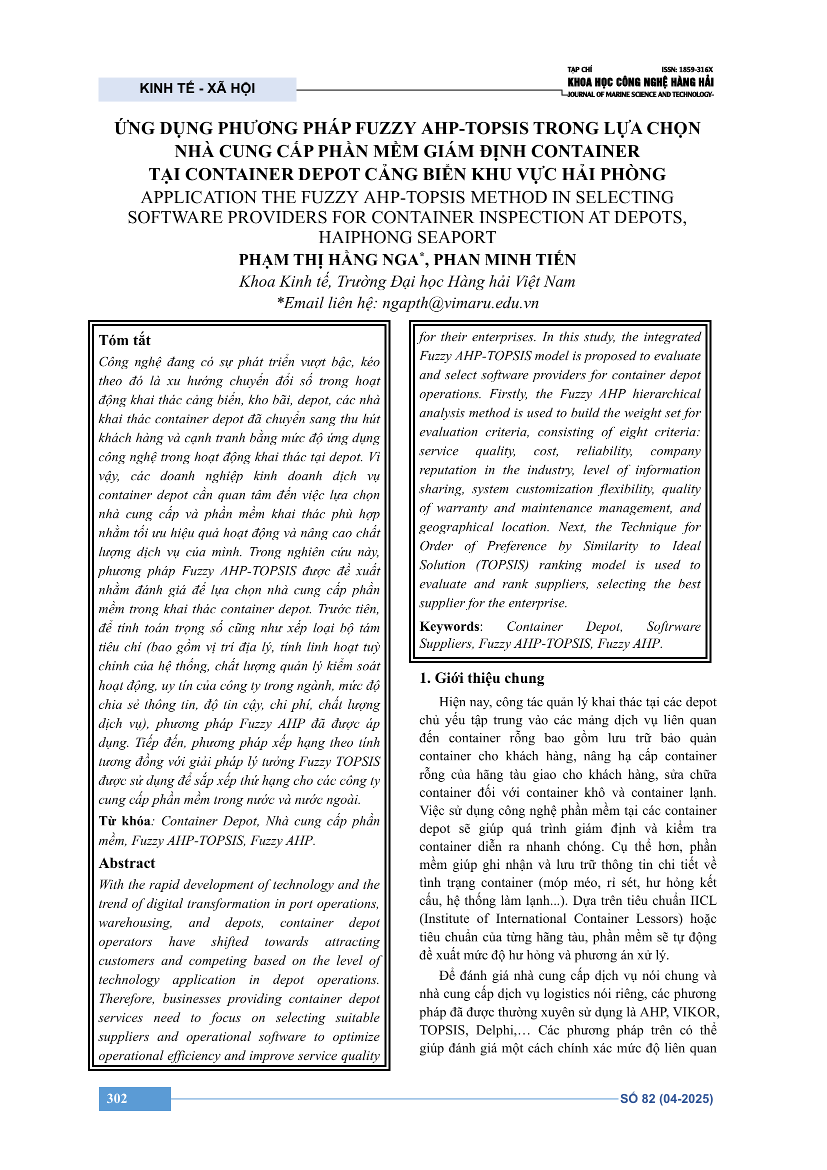 Ứng dụng phương pháp Fuzzy AHP-TOPSIS trong lựa chọn nhà cung cấp phần mềm giám định container tại container depot cảng biển khu vực Hải Phòng