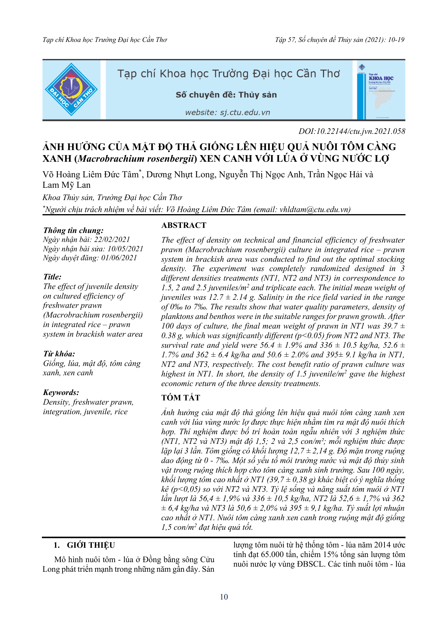 Ảnh hưởng của mật độ thả giống lên hiệu quả nuôi tôm càng xanh (Macrobrachium rosenbergii) xen canh với lúa ở vùng nước lợ
