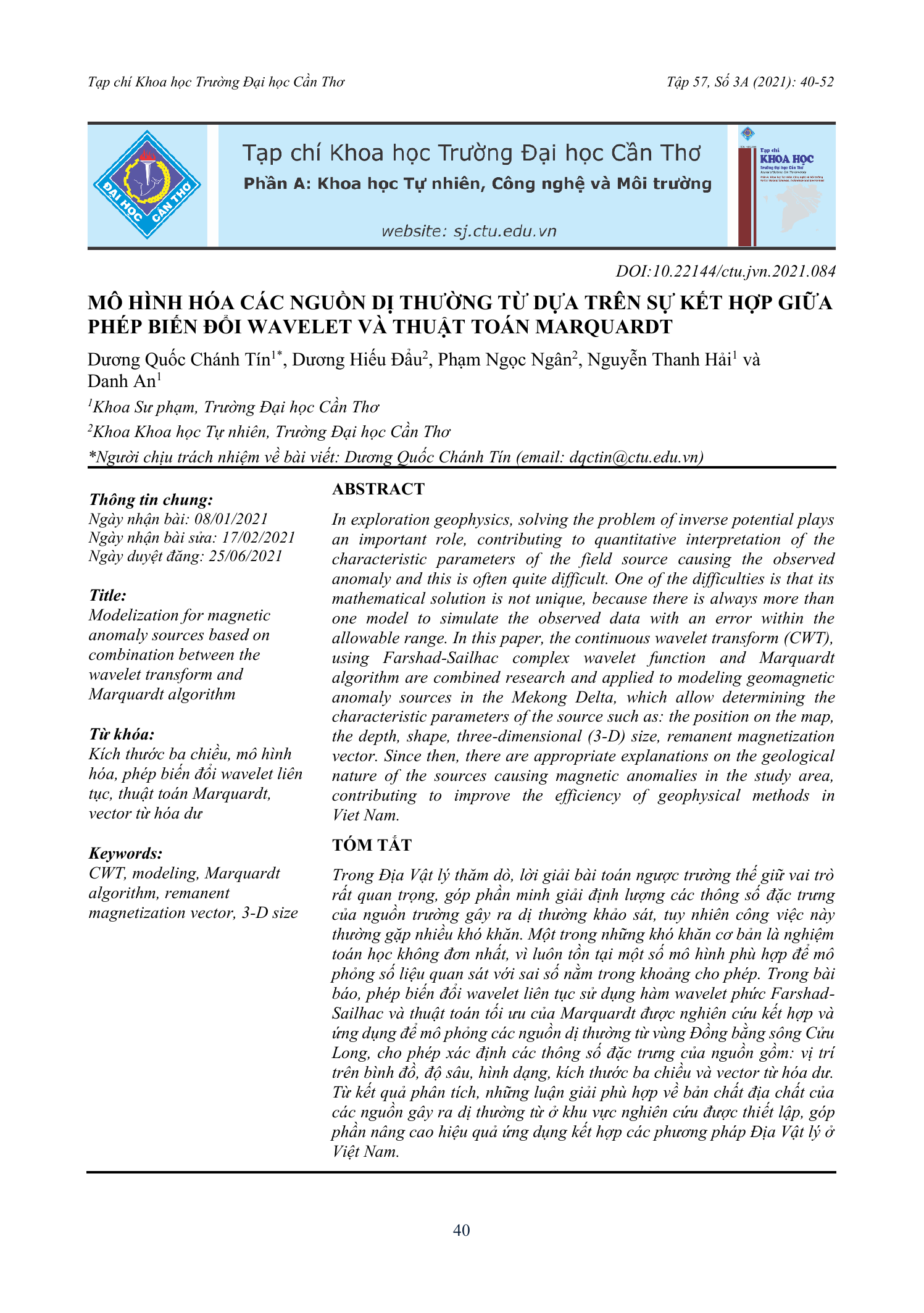 Mô hình hóa các nguồn dị thường từ dựa trên sự kết hợp giữa phép biến đổi wavelet và thuật toán Marquardt