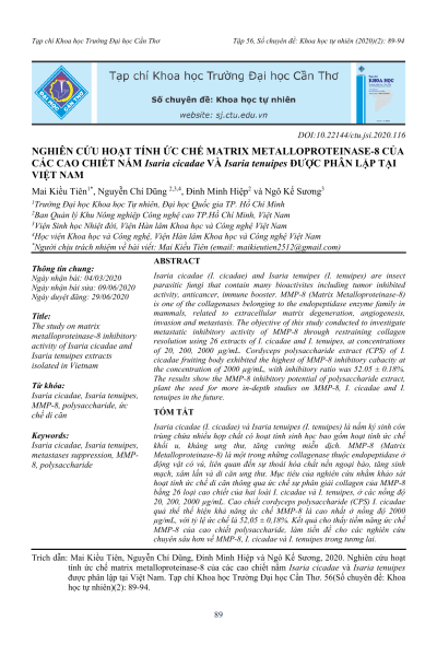 Nghiên cứu hoạt tính ức chế matrix metalloproteinase-8 của các cao chiết nấm Isaria cicadae và Isaria tenuipes được phân lập tại Việt Nam