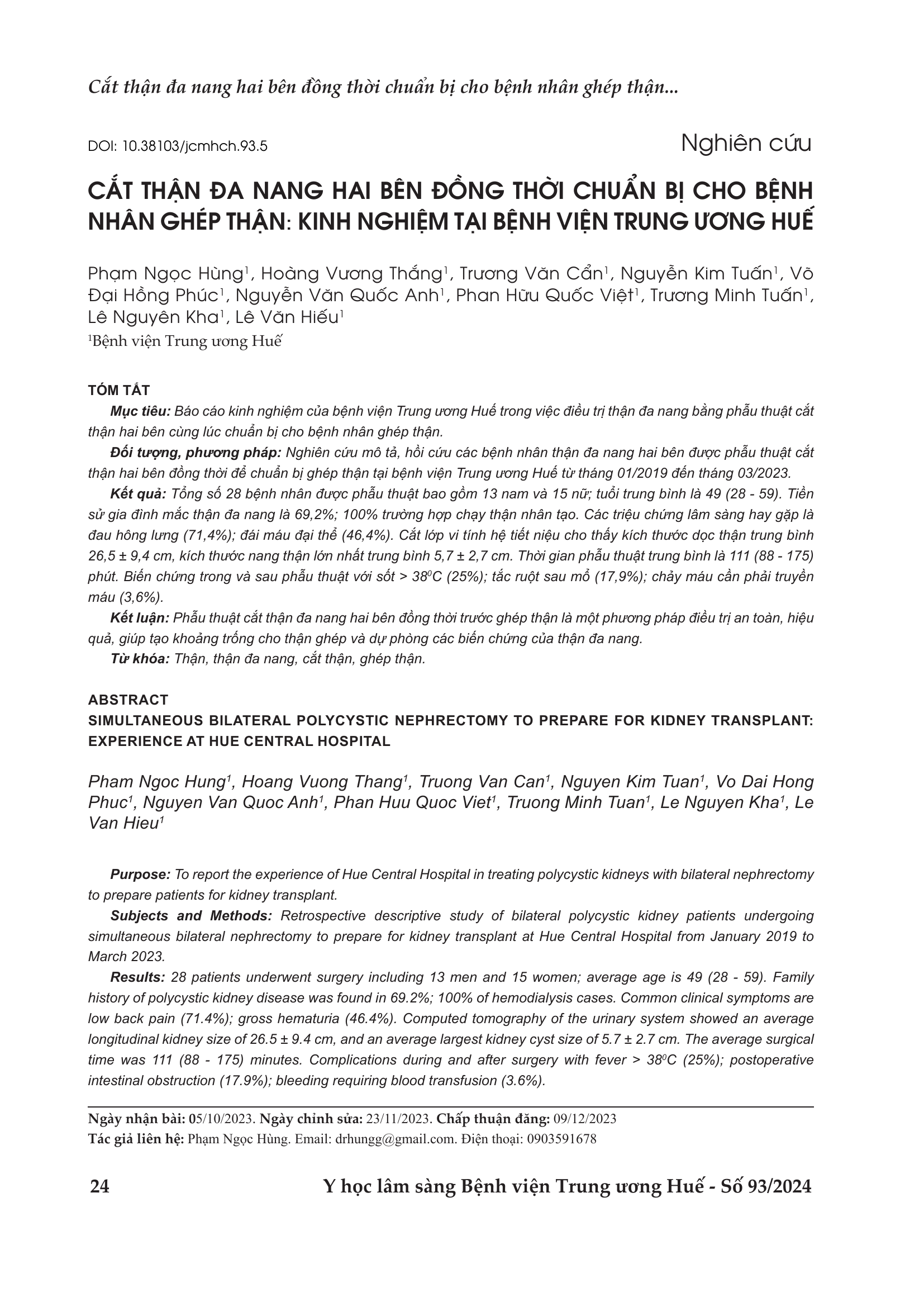 Simultaneous bilateral polycystic nephrectomy to prepare for kidney transplant: experience at Hue Central Hospital