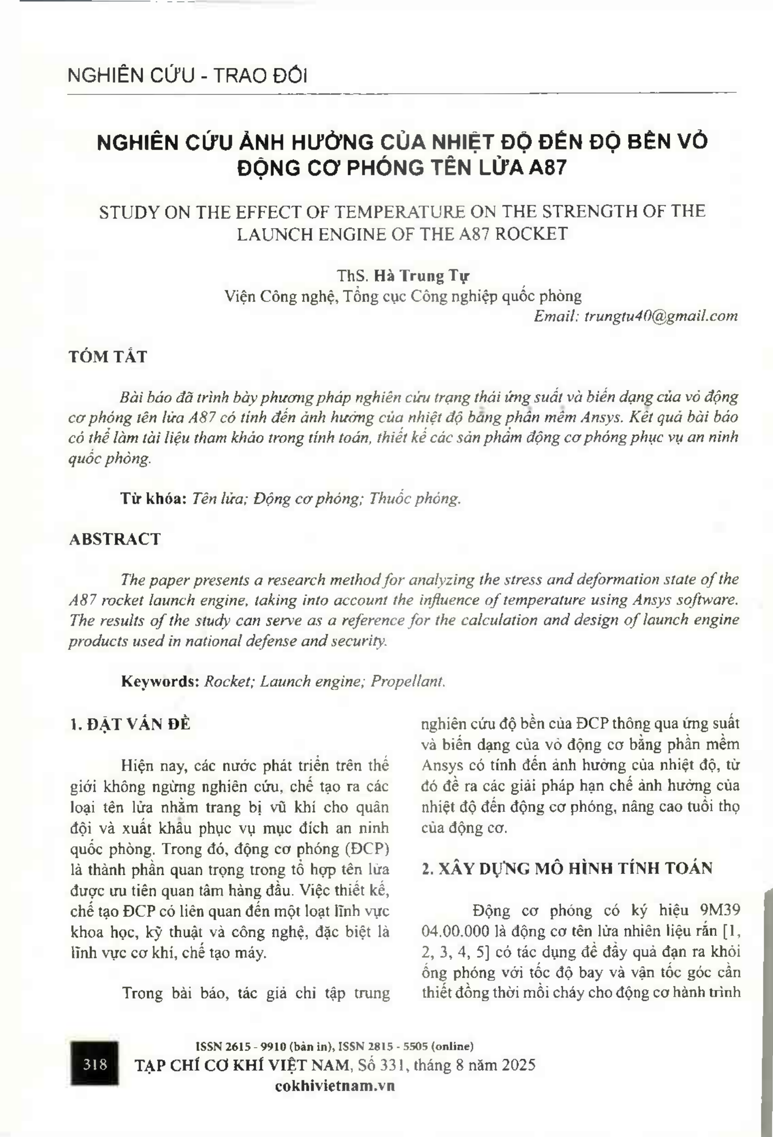 Nghiên cứu ảnh hưởng của nhiệt độ đến độ bền vỏ động cơ phóng tên lửa A87