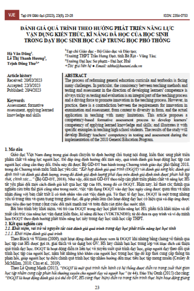 Đánh giá quá trình theo hướng phát triển năng lực vận dụng kiến thức, kĩ năng đã học của học sinh trong dạy học sinh học cấp trung học phổ thông