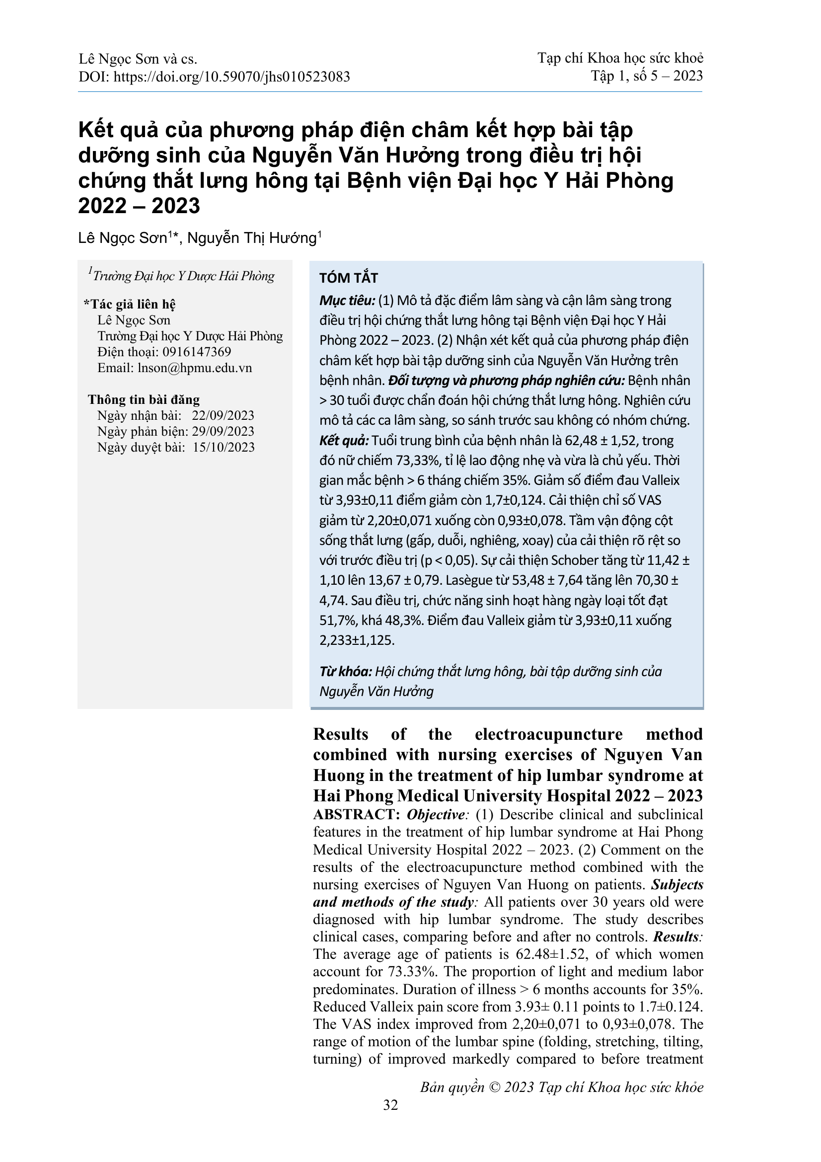 Kết quả của phương pháp điện châm kết hợp bài tập dưỡng sinh của Nguyễn Văn Hưởng trong điều trị hội chứng thắt lưng hông tại Bệnh viện Đại học Y Hải Phòng 2022 – 2023