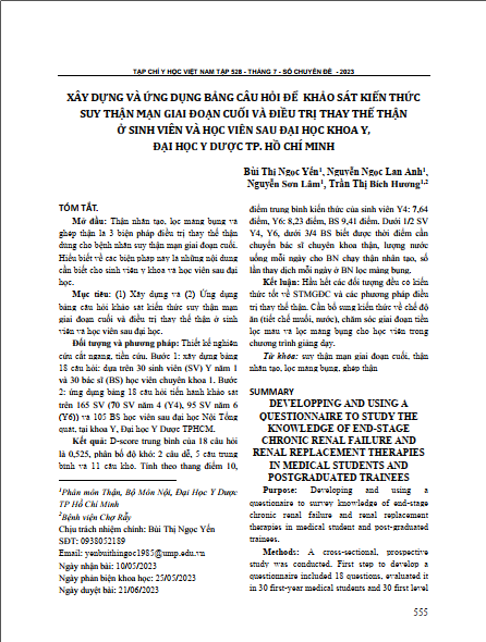 Xây dựng và ứng dụng bảng câu hỏi để khảo sát kiến thức suy thận mạn giai đoạn cuối và điều trị thay thế thận ở sinh viên và học viên sau đại học Khoa y, Đại học Y dược TP. Hồ Chí Minh