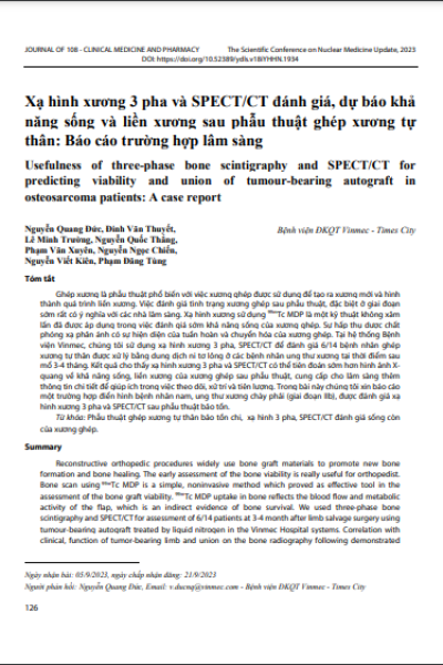 Xạ hình xương 3 pha và SPECT/CT đánh giá, dự báo khả năng sống và liền xương sau phẫu thuật ghép xương tự thân: Báo cáo trường hợp lâm sàng