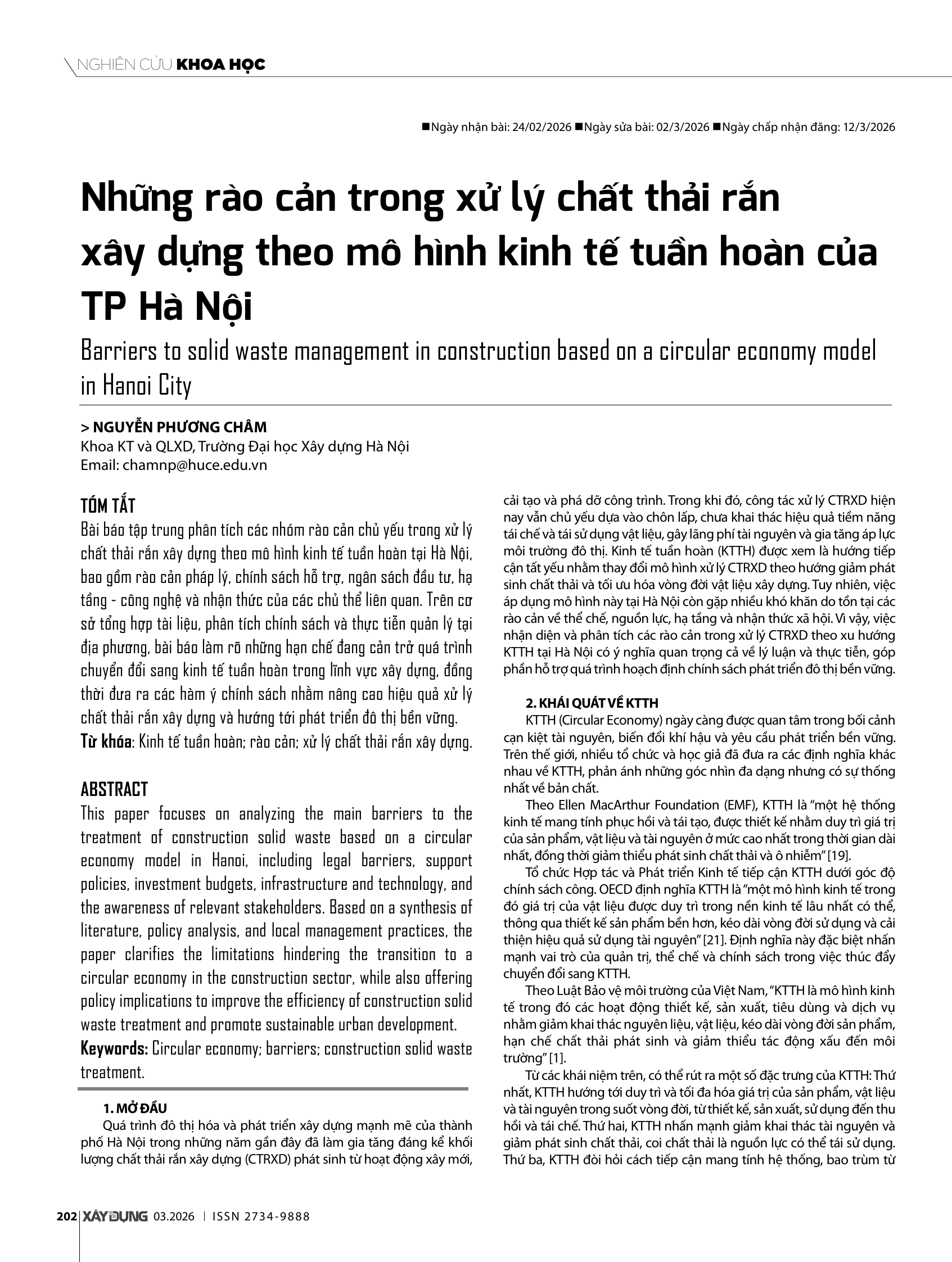 Những rào cản trong xử lý chất thải rắn xây dựng theo mô hình kinh tế tuần hoàn của TP. Hà Nội