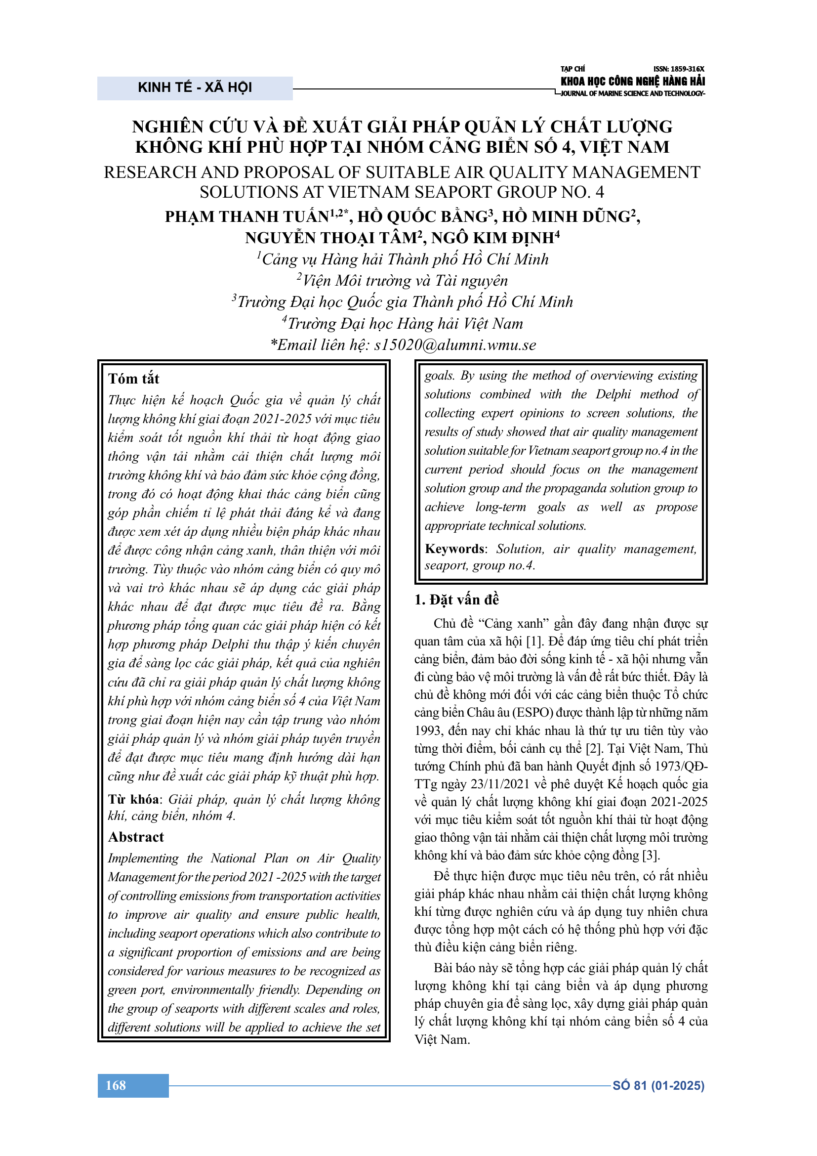 Nghiên cứu và đề xuất giải pháp quản lý chất lượng không khí phù hợp tại nhóm cảng biển số 4, Việt Nam