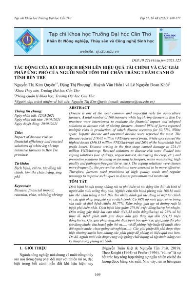 Tác động của rủi ro dịch bệnh lên hiệu quả tài chính và các giải pháp ứng phó của người nuôi tôm thẻ chân trắng thâm canh ở tỉnh Bến Tre