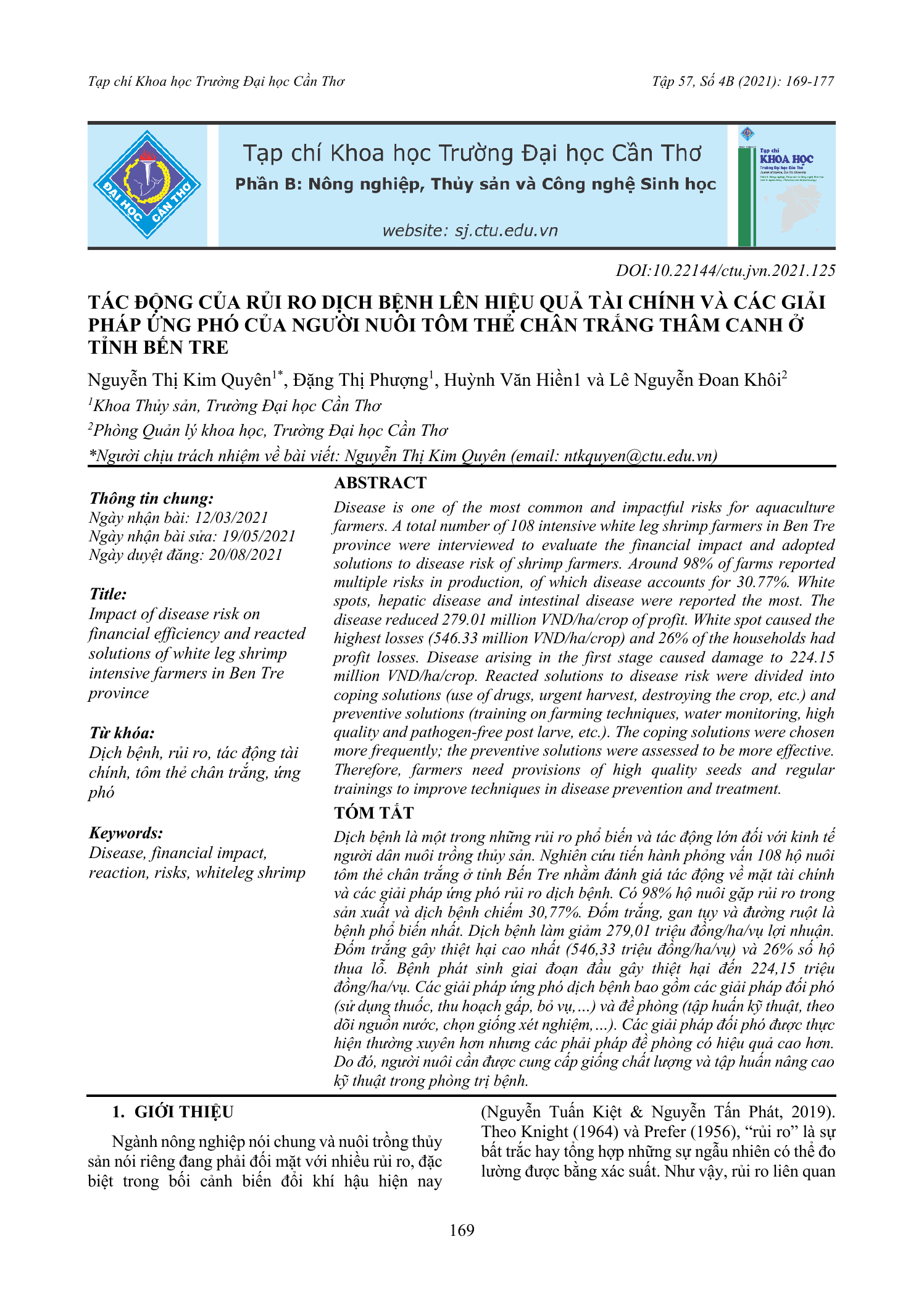 Tác động của rủi ro dịch bệnh lên hiệu quả tài chính và các giải pháp ứng phó của người nuôi tôm thẻ chân trắng thâm canh ở tỉnh Bến Tre