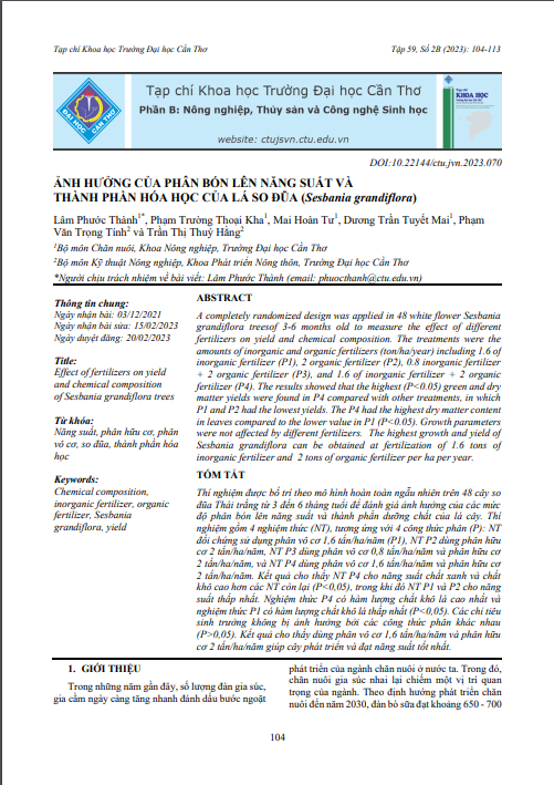 Ảnh hưởng của phân bón lên năng suất và thành phần hóa học của lá so đũa (Sesbania grandiflora)