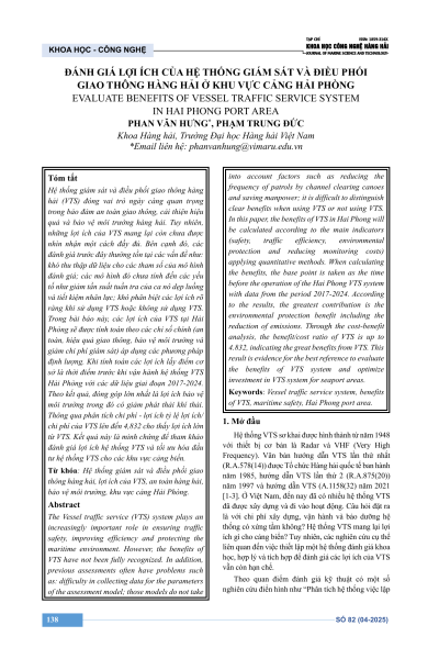 Đánh giá lợi ích của hệ thống giám sát và điều phối giao thông hàng hải ở khu vực cảng Hải Phòng