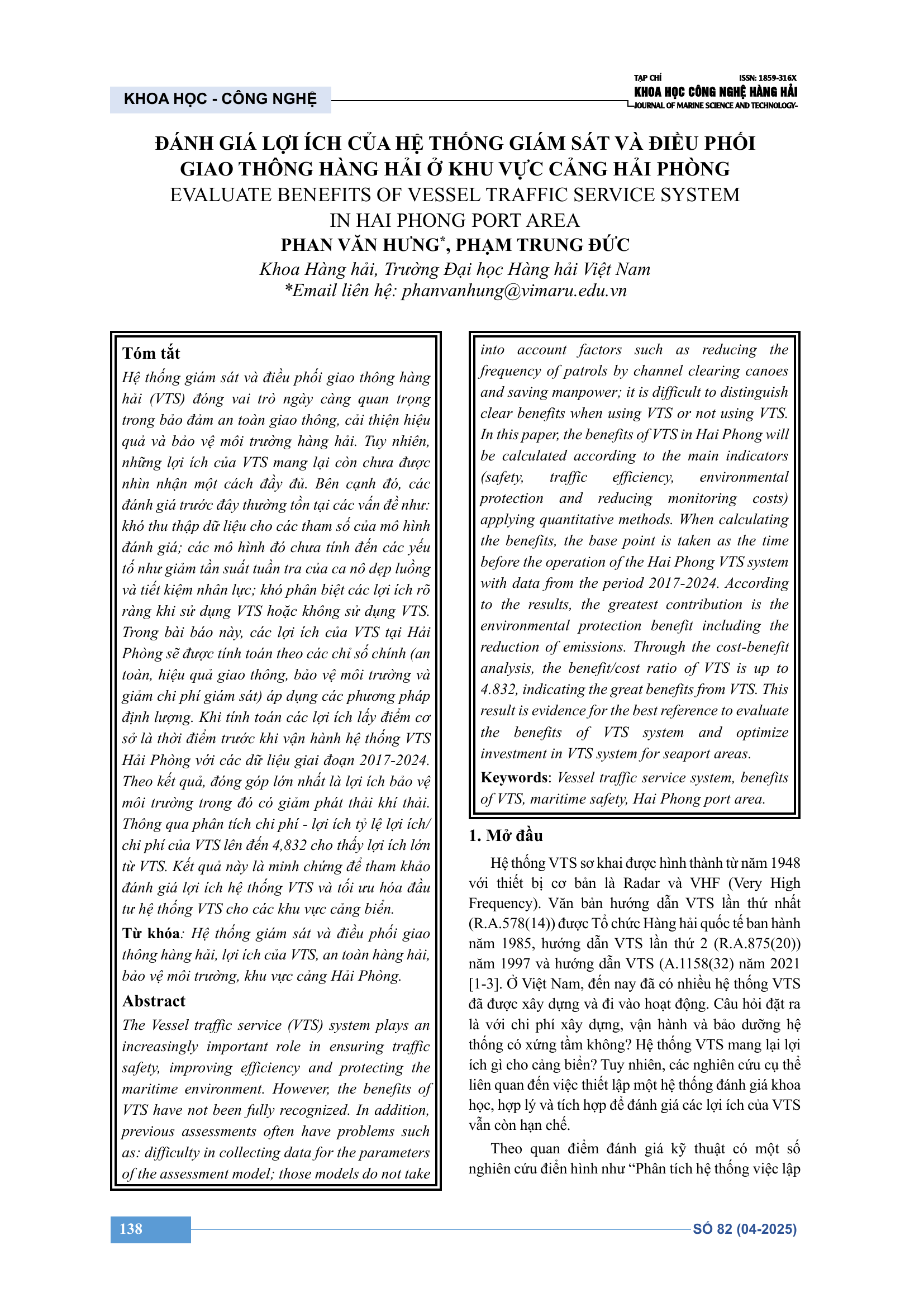Đánh giá lợi ích của hệ thống giám sát và điều phối giao thông hàng hải ở khu vực cảng Hải Phòng