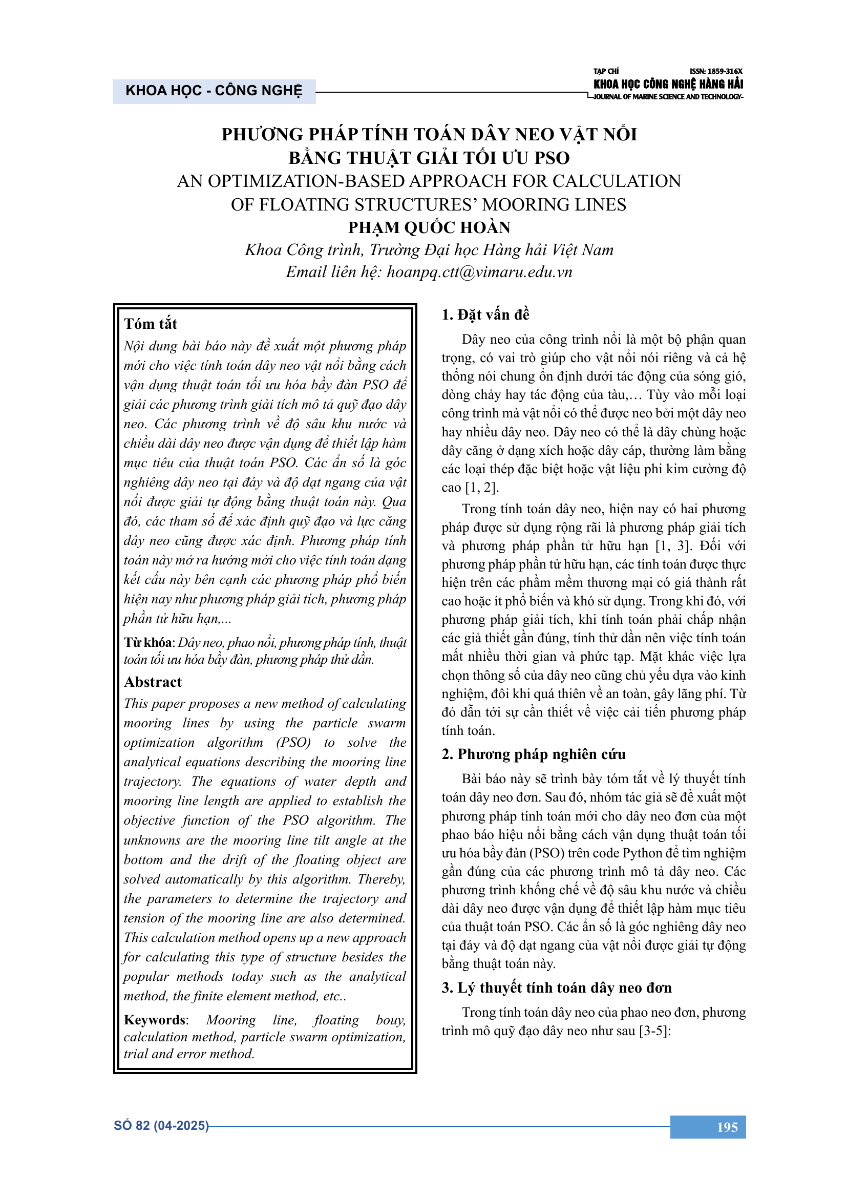 Phương pháp tính toán dây neo vật nổi bằng thuật giải tối ưu PSO