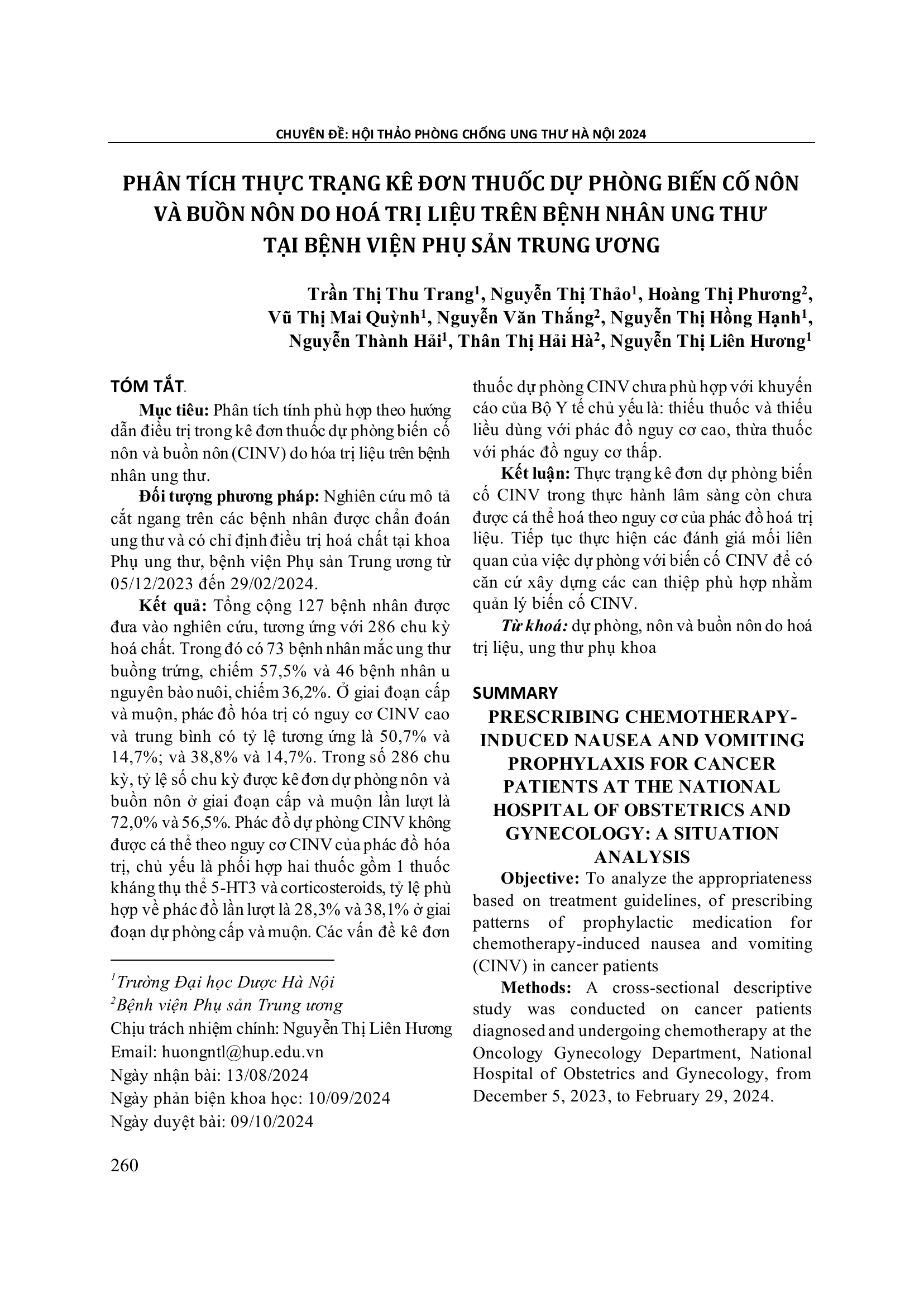 Phân tích thực trạng kê đơn thuốc dự phòng biến cố nôn và buồn nôn do hoá trị liệu trên bệnh nhân ung thư tại bệnh viện Phụ sản Trung ương