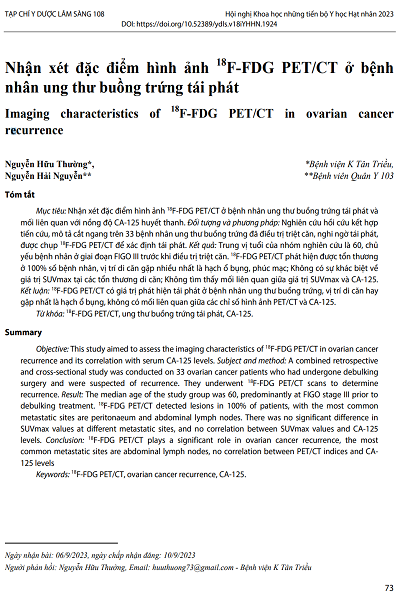 Nhận xét đặc điểm hình ảnh 18F-FDG PET/CT ở bệnh nhân ung thư buồng trứng tái phát