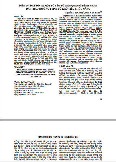Điện dạ dày đồ và một số yếu tố liên quan ở bệnh nhân đái tháo đường type 2 có khó tiêu chức năng