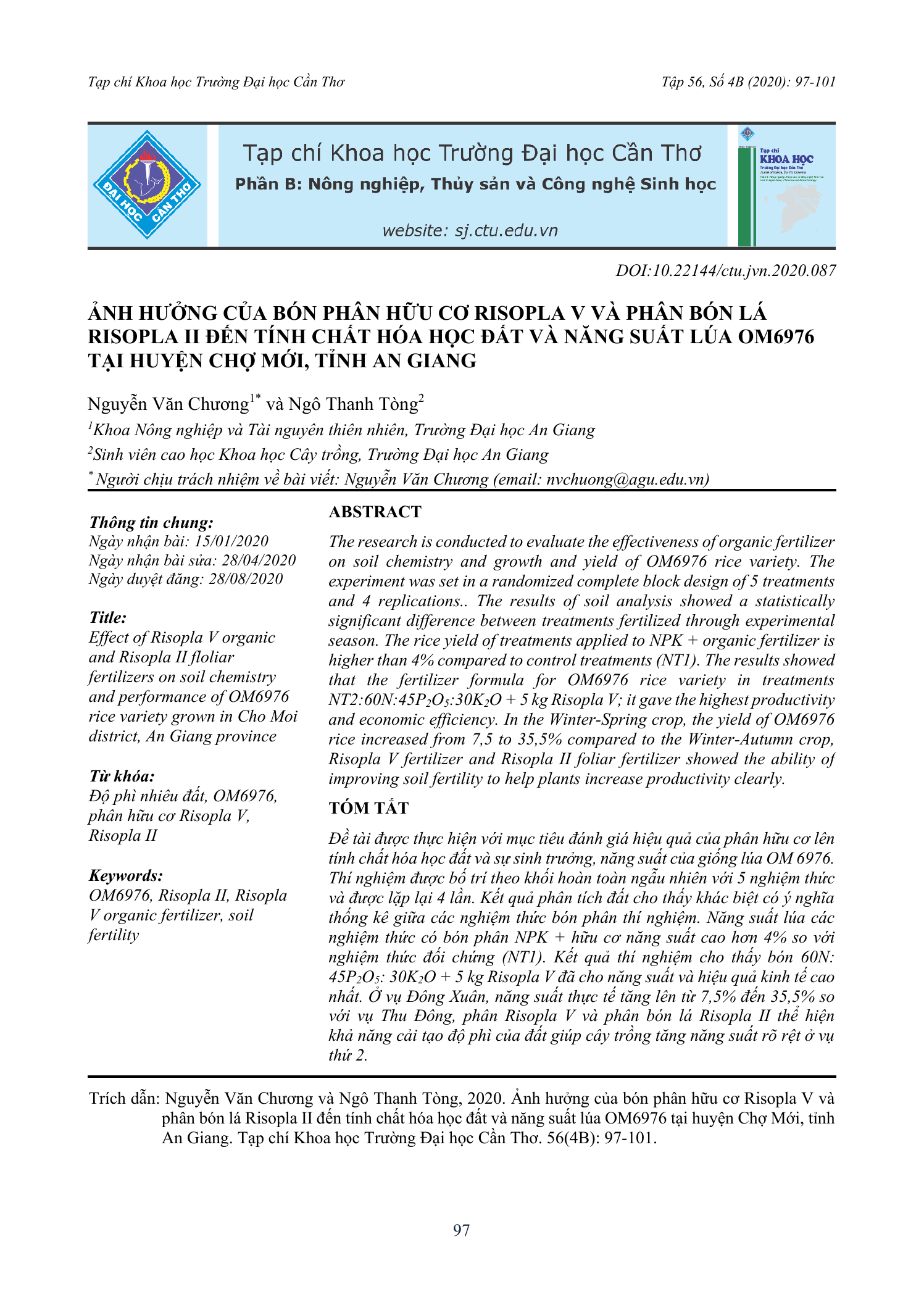 Ảnh hưởng của bón phân hữu cơ Risopla V và phân bón lá Risopla II đến tính chất hóa học đất và năng suất lúa OM6976 tại huyện Chợ Mới, tỉnh An Giang