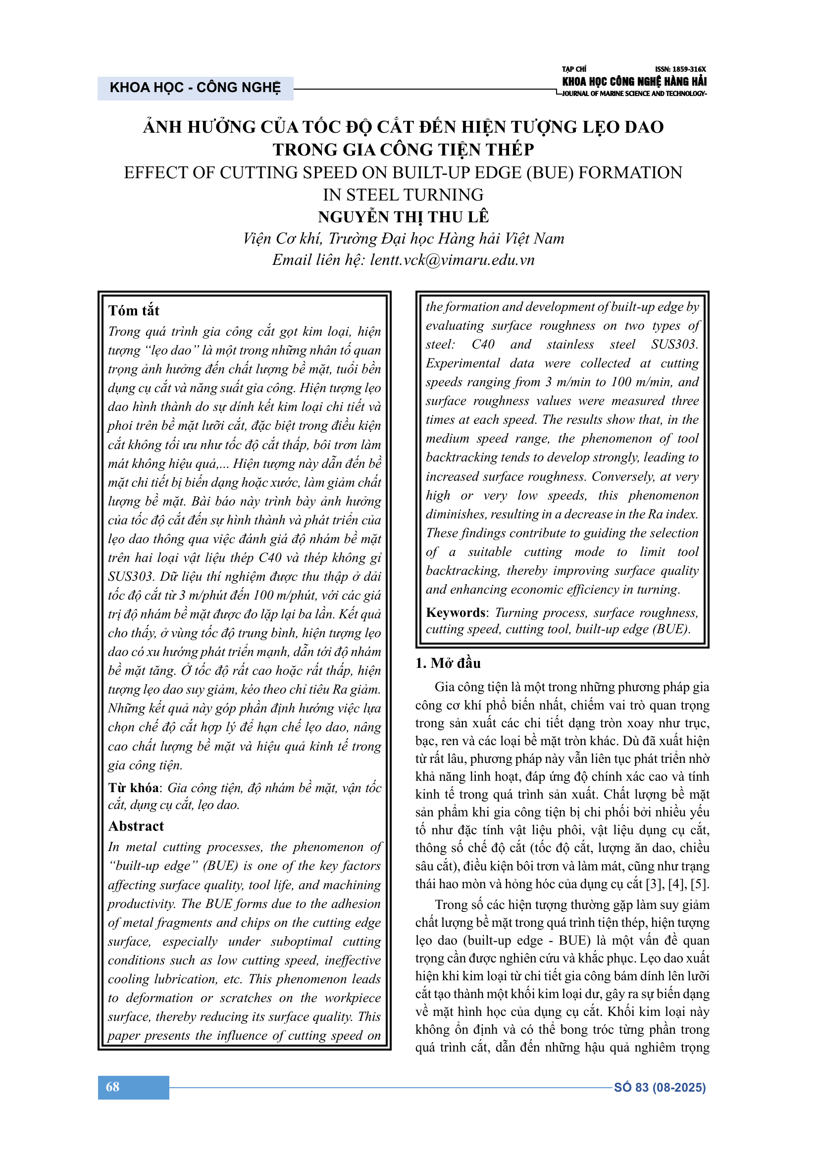 Ảnh hưởng của tốc độ cắt đến hiện tượng lẹo dao trong gia công tiện thép