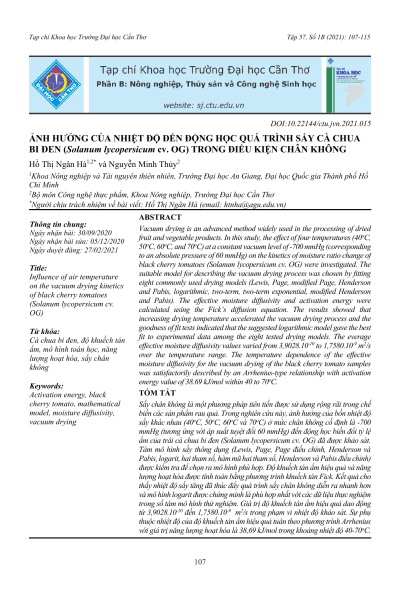 Ảnh hưởng của nhiệt độ đến động học quá trình sấy cà chua bi đen (Solanum lycopersicum cv. OG) trong điều kiện chân không