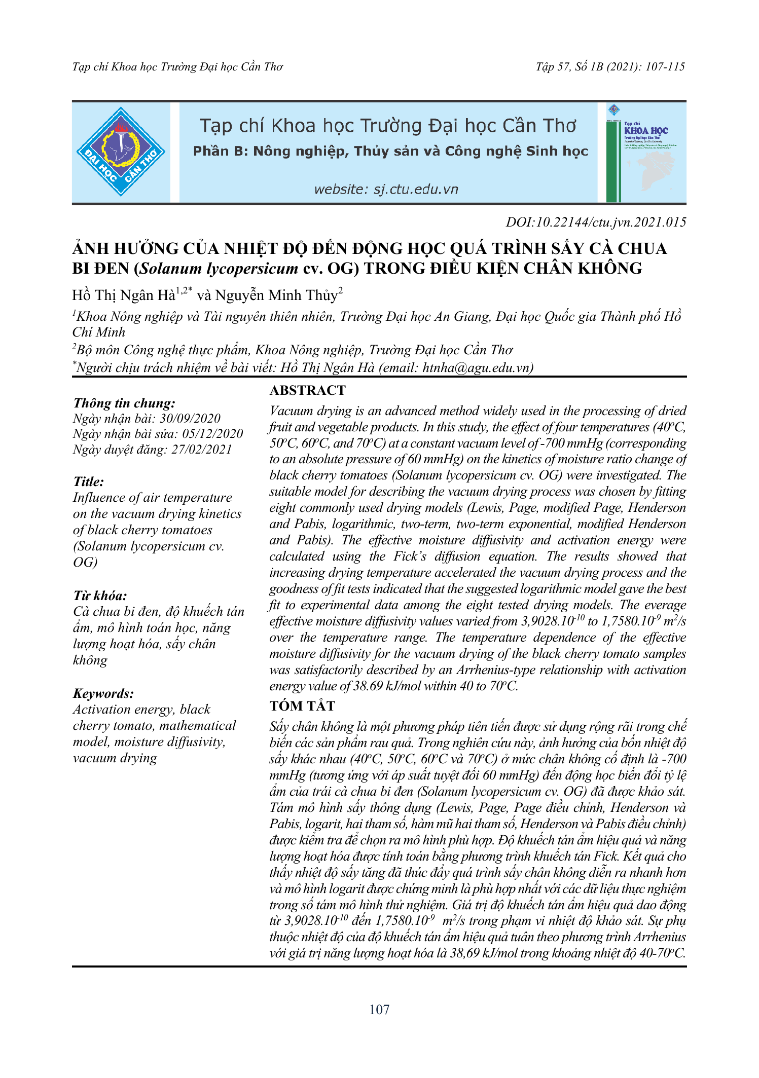 Ảnh hưởng của nhiệt độ đến động học quá trình sấy cà chua bi đen (Solanum lycopersicum cv. OG) trong điều kiện chân không