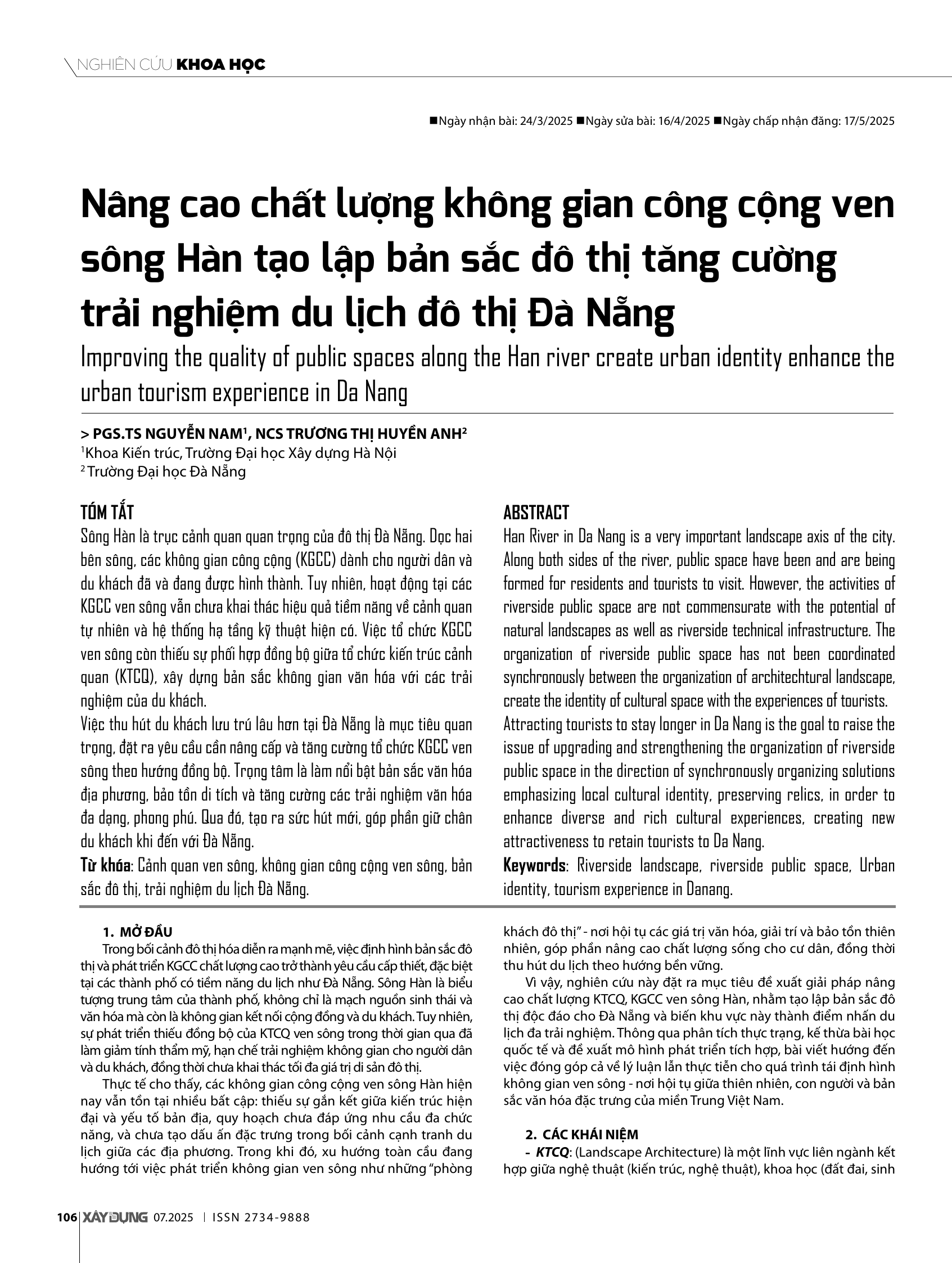 Nâng cao chất lượng không gian công cộng ven sông Hàn tạo lập bản sắc đô thị tăng cường trải nghiệm du lịch đô thị Đà Nẵng
