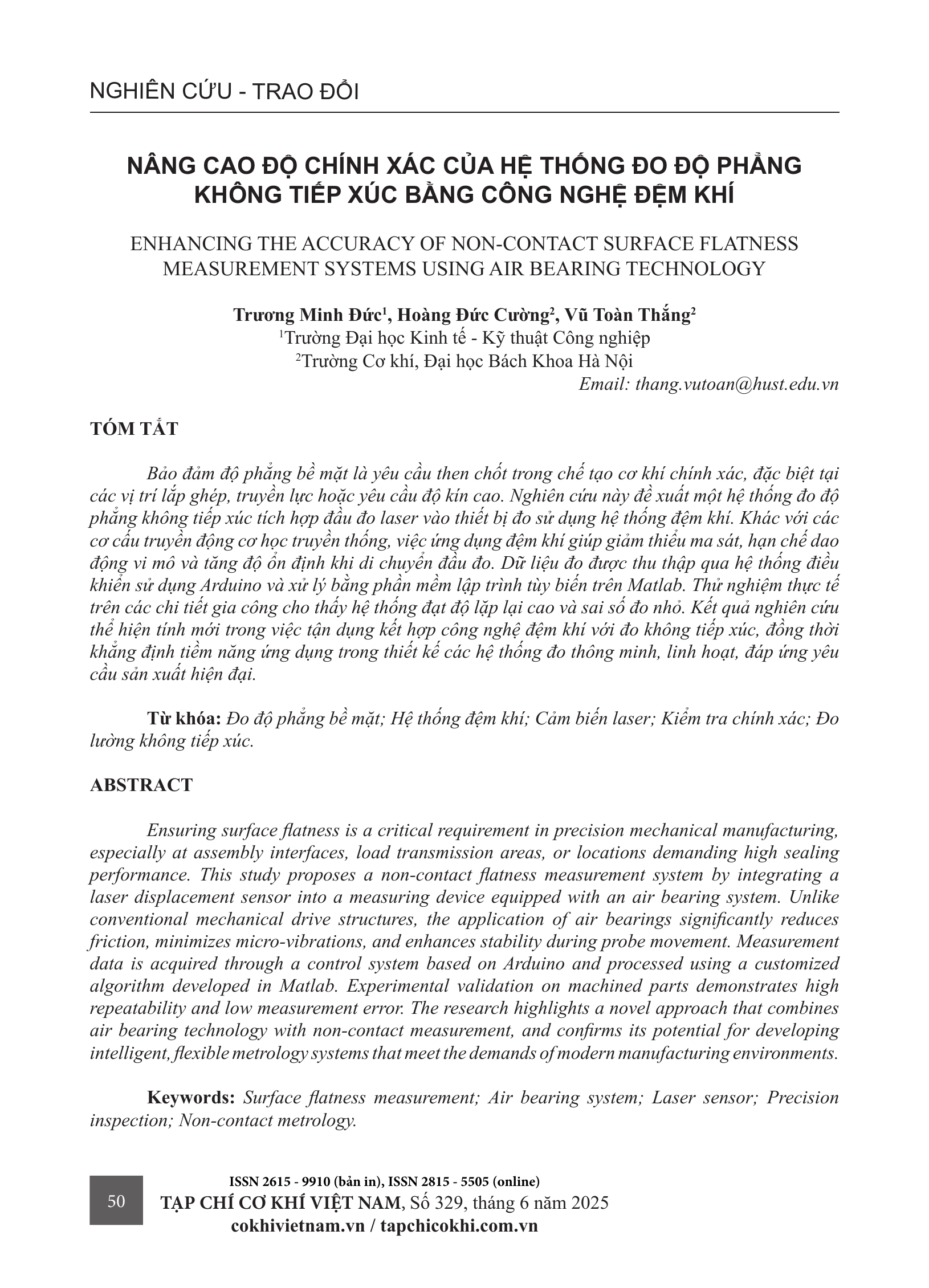 Nâng cao độ chính xác của hệ thống đo độ phẳng không tiếp xúc bằng công nghệ đệm khí