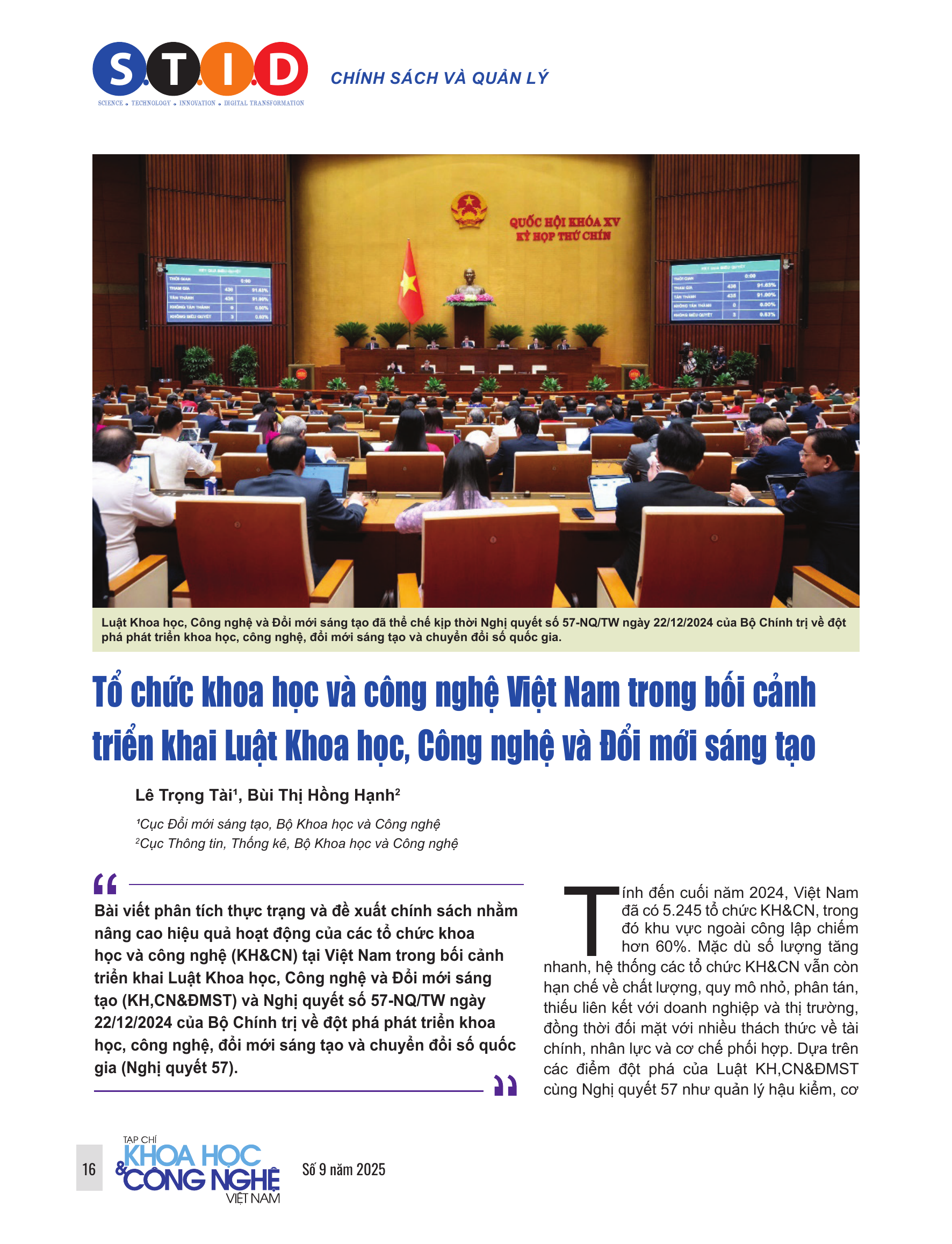 Tổ chức khoa học và công nghệ Việt Nam trong bối cảnh triển khai Luật Khoa học, Công nghệ và Đổi mới sáng tạo