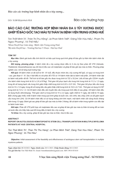Báo cáo các trường hợp bệnh nhân đa u tủy xương được ghép tế bào gốc tạo máu tự thân tại Bệnh Viện Trung Ương Huế