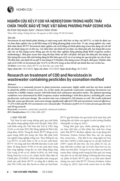 Nghiên cứu xử lý COD và Nereistoxin trong nước thải chứa thuốc bảo vệ thực vật bằng phương pháp ozone hóa