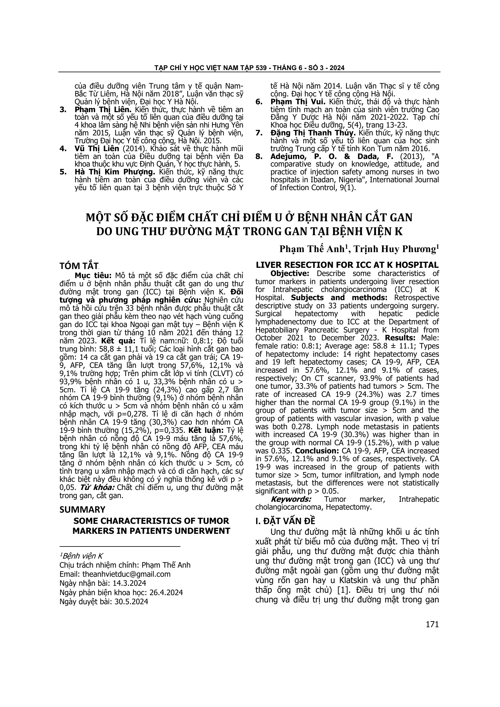 Một số đặc điểm chất chỉ điểm u ở bệnh nhân cắt gan do ung thư đường mật trong gan tại Bệnh viện K