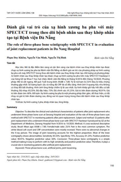 Đánh giá vai trò của xạ hình xương ba pha với máy SPECT/CT trong theo dõi bệnh nhân sau thay khớp nhân tạo tại Bệnh viện Đà Nẵng