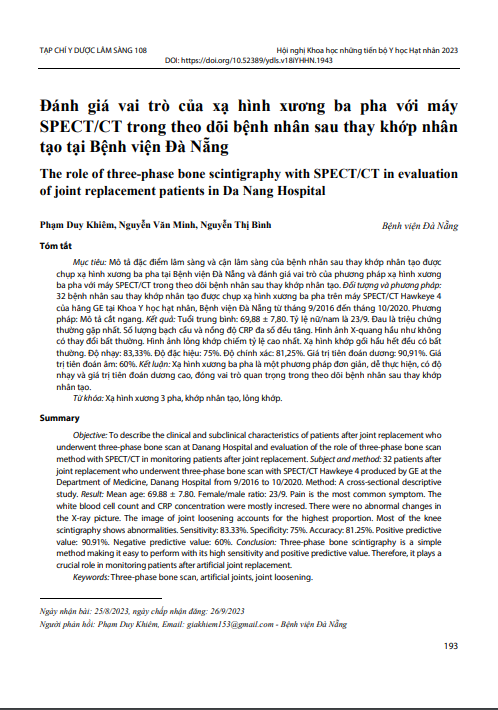 Đánh giá vai trò của xạ hình xương ba pha với máy SPECT/CT trong theo dõi bệnh nhân sau thay khớp nhân tạo tại Bệnh viện Đà Nẵng