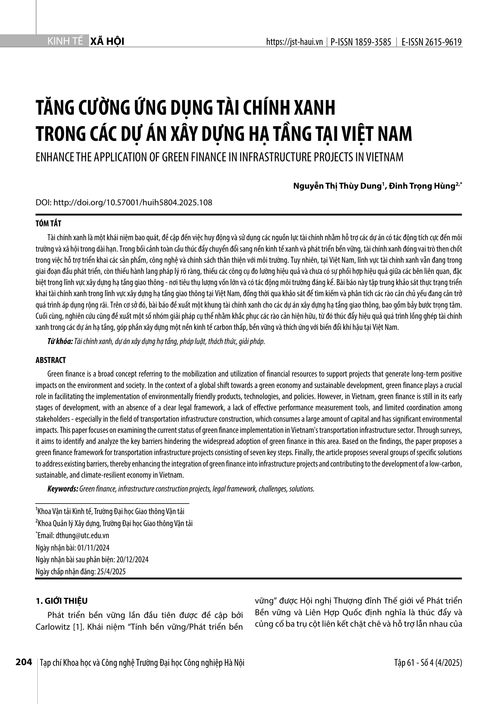 Tăng cường ứng dụng tài chính xanh trong các dự án xây dựng hạ tầng tại Việt Nam