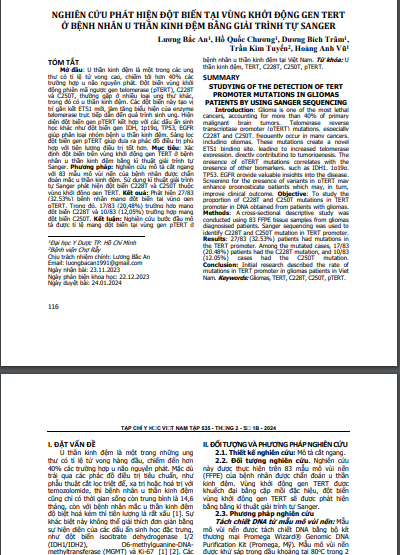 Nghiên cứu phát hiện đột biến tại vùng khởi động gen TERT ở bệnh nhân u thần kinh đệm bằng giải trình tự Sanger