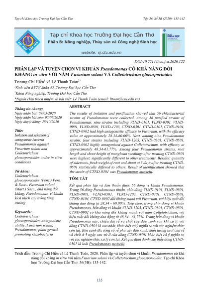 Phân lập và tuyển chọn vi khuẩn Pseudomonas có khả năng đối kháng in vitro với nấm Fusarium solani và Colletotrichum gloeosporioides