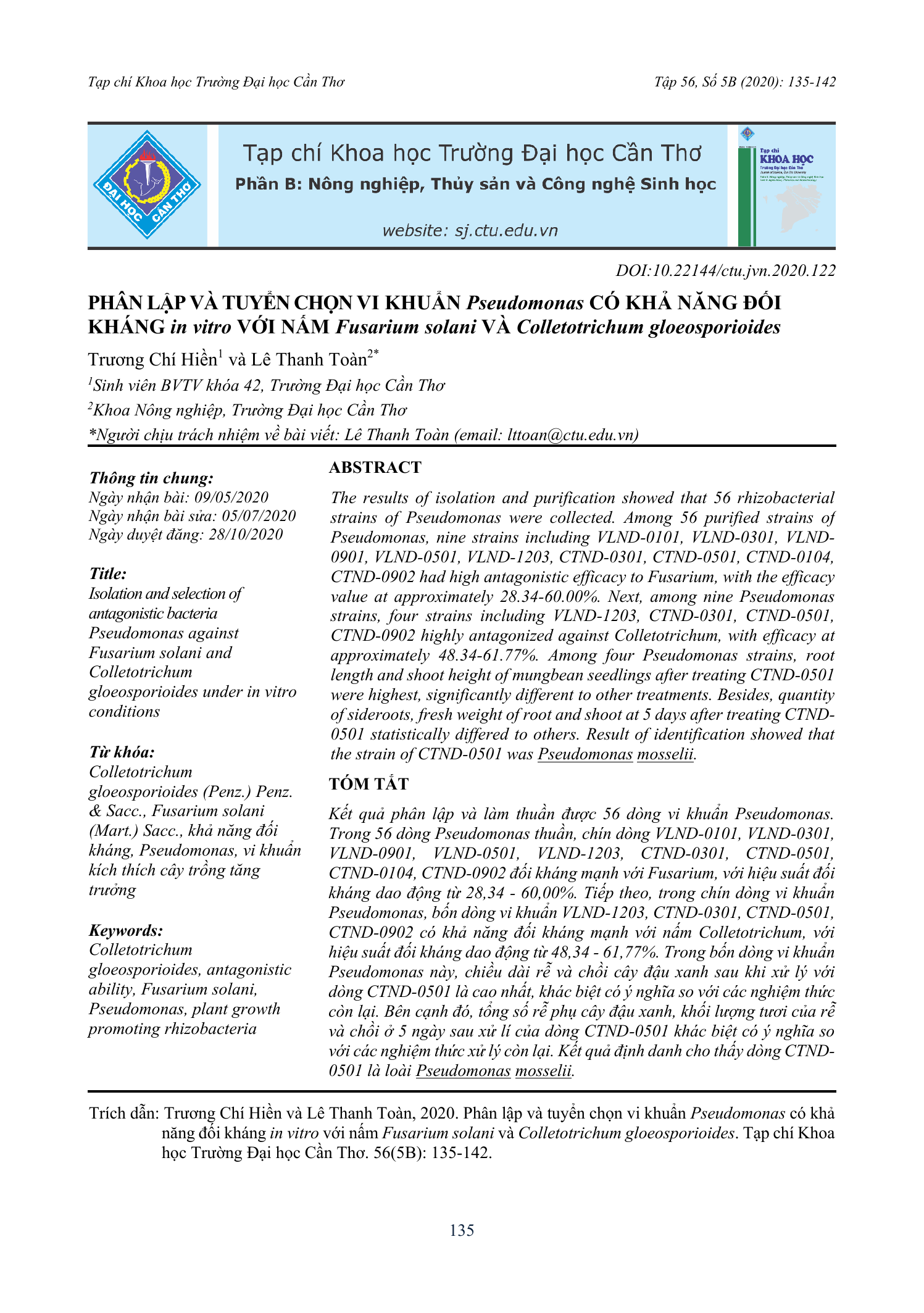 Phân lập và tuyển chọn vi khuẩn Pseudomonas có khả năng đối kháng in vitro với nấm Fusarium solani và Colletotrichum gloeosporioides