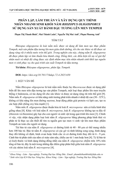 Phân lập, làm thuần và xây dựng quy trình nhân nhanh sinh khối nấm Rhizopus oligosporus sử dụng sản xuất bánh đậu tương lên men Tempeh