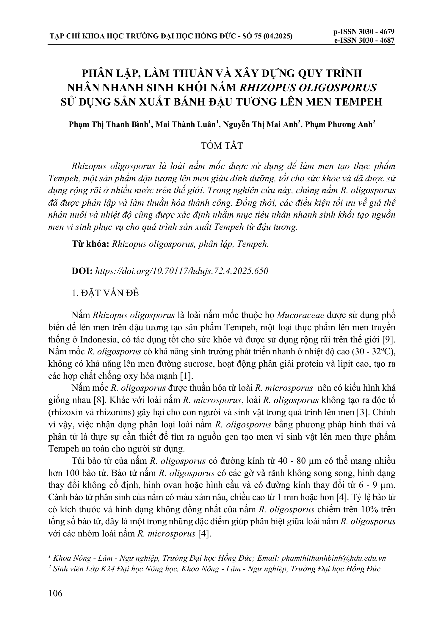 Phân lập, làm thuần và xây dựng quy trình nhân nhanh sinh khối nấm Rhizopus oligosporus sử dụng sản xuất bánh đậu tương lên men Tempeh