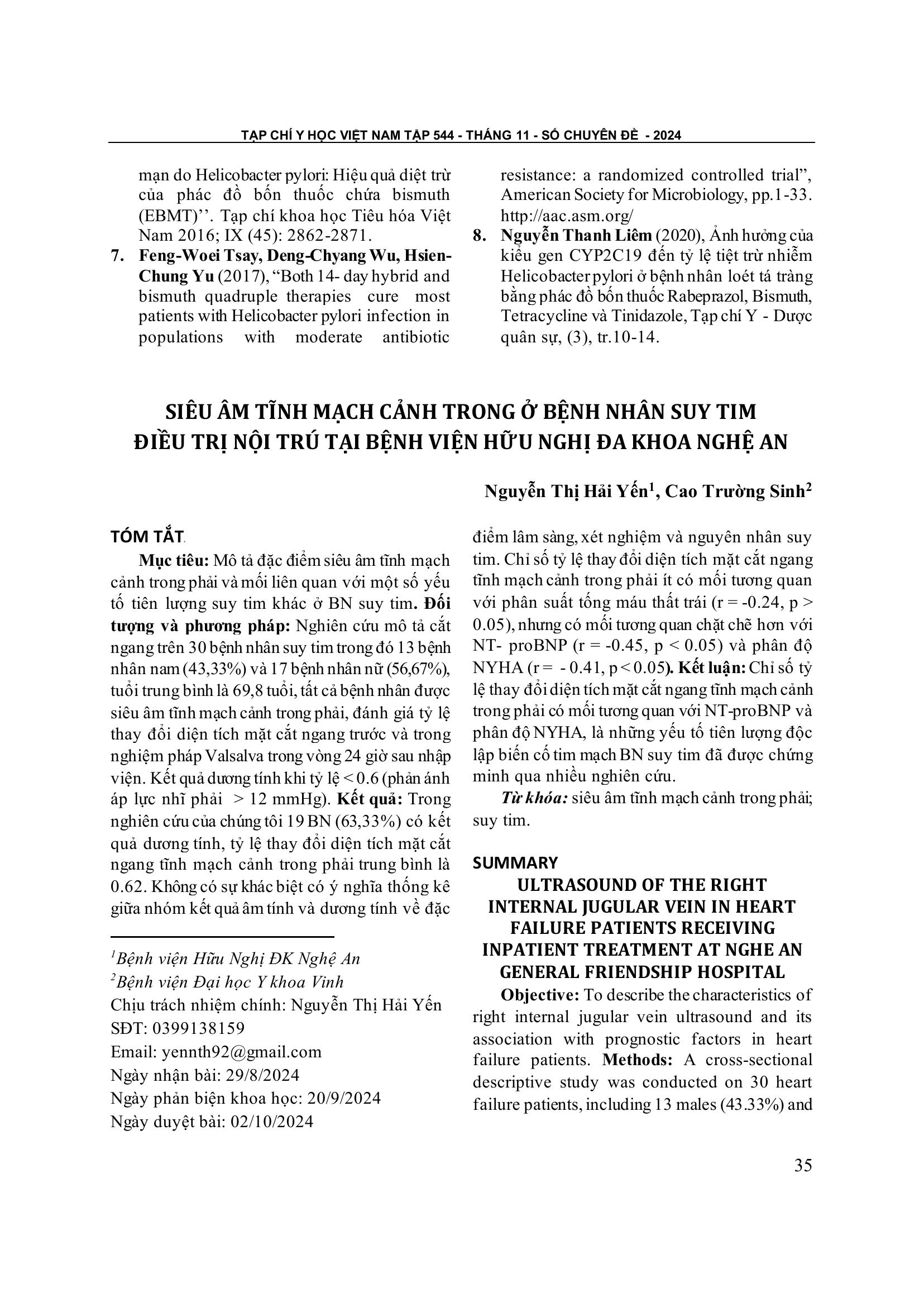 Siêu âm tĩnh mạch cảnh trong ở bệnh nhân suy tim điều trị nội trú tại Bệnh viện Hữu Nghị Đa khoa Nghệ An