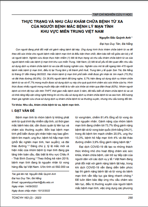 Thực trạng và nhu cầu khám chữa bệnh từ xa của người bệnh mắc bệnh lý mạn tính khu vực miền trung Việt Nam