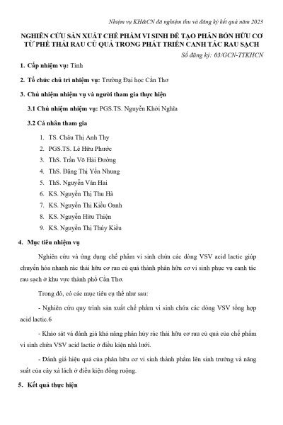 Nghiên cứu sản xuất chế phẩm vi sinh để tạo phân bón hữu cơ từ phế thải rau củ quả trong phát triển canh tác rau sạch (2023)