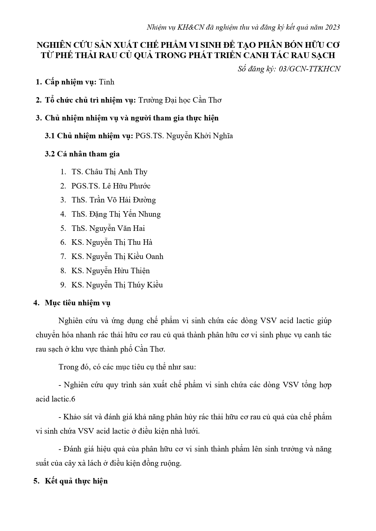 Nghiên cứu sản xuất chế phẩm vi sinh để tạo phân bón hữu cơ từ phế thải rau củ quả trong phát triển canh tác rau sạch (2023)