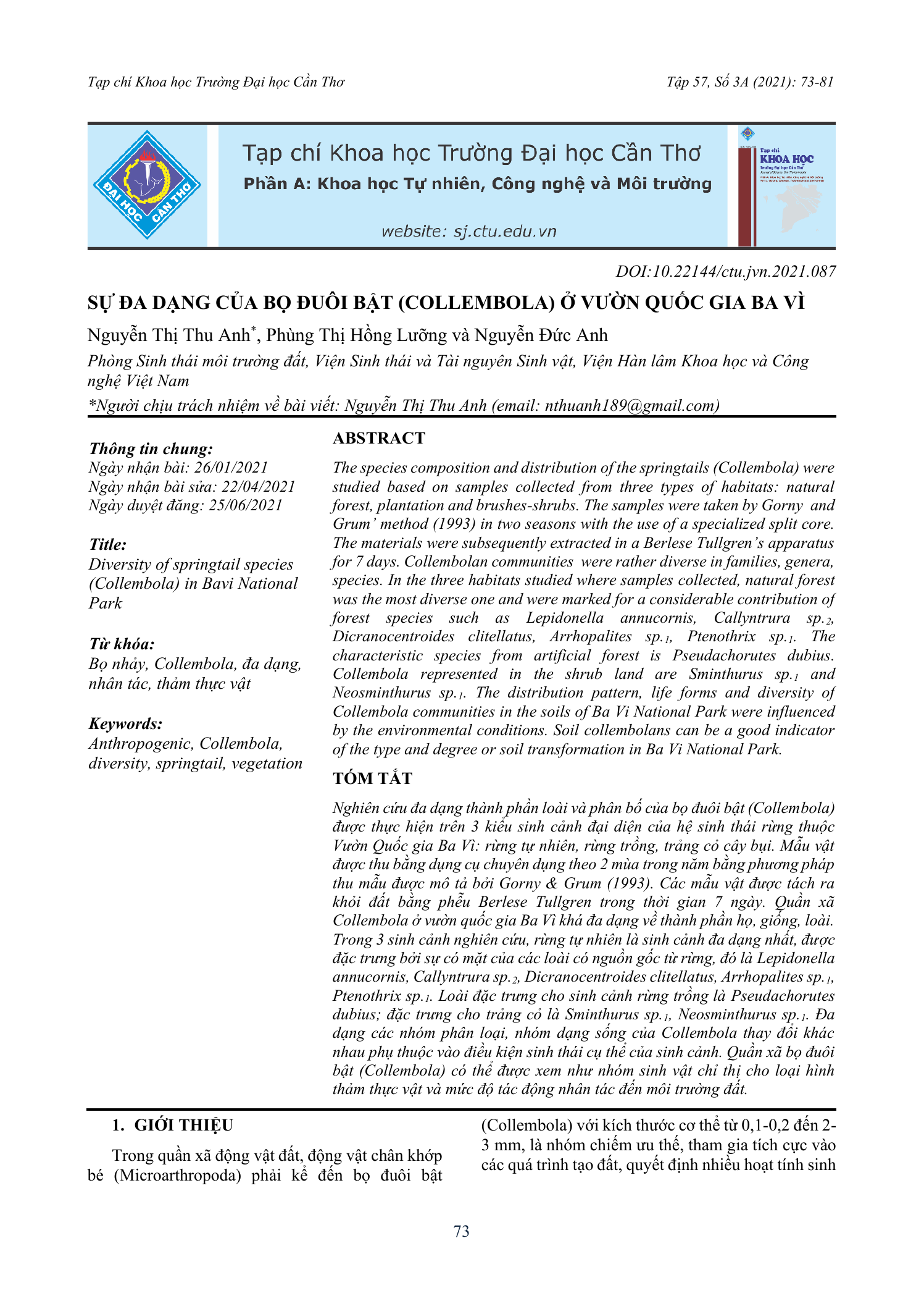 Sự đa dạng của bộ đuôi bật (Collembola) ở Vườn quốc gia Ba Vì