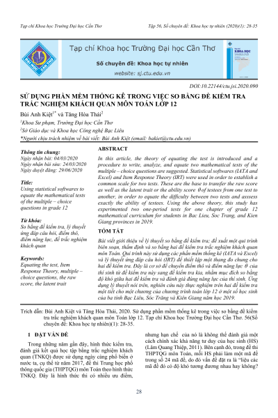 Sử dụng phần mềm thống kê trong việc so bằng đề kiểm tra trắc nghiệm khách quan môn Toán lớp 12