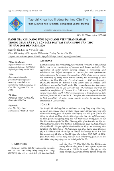 Đánh giá khả năng ứng dụng ảnh viễn thám radar trong giám sát sụt lún mặt đất tại thành phố Cần Thơ từ năm 2015 đến năm 2020