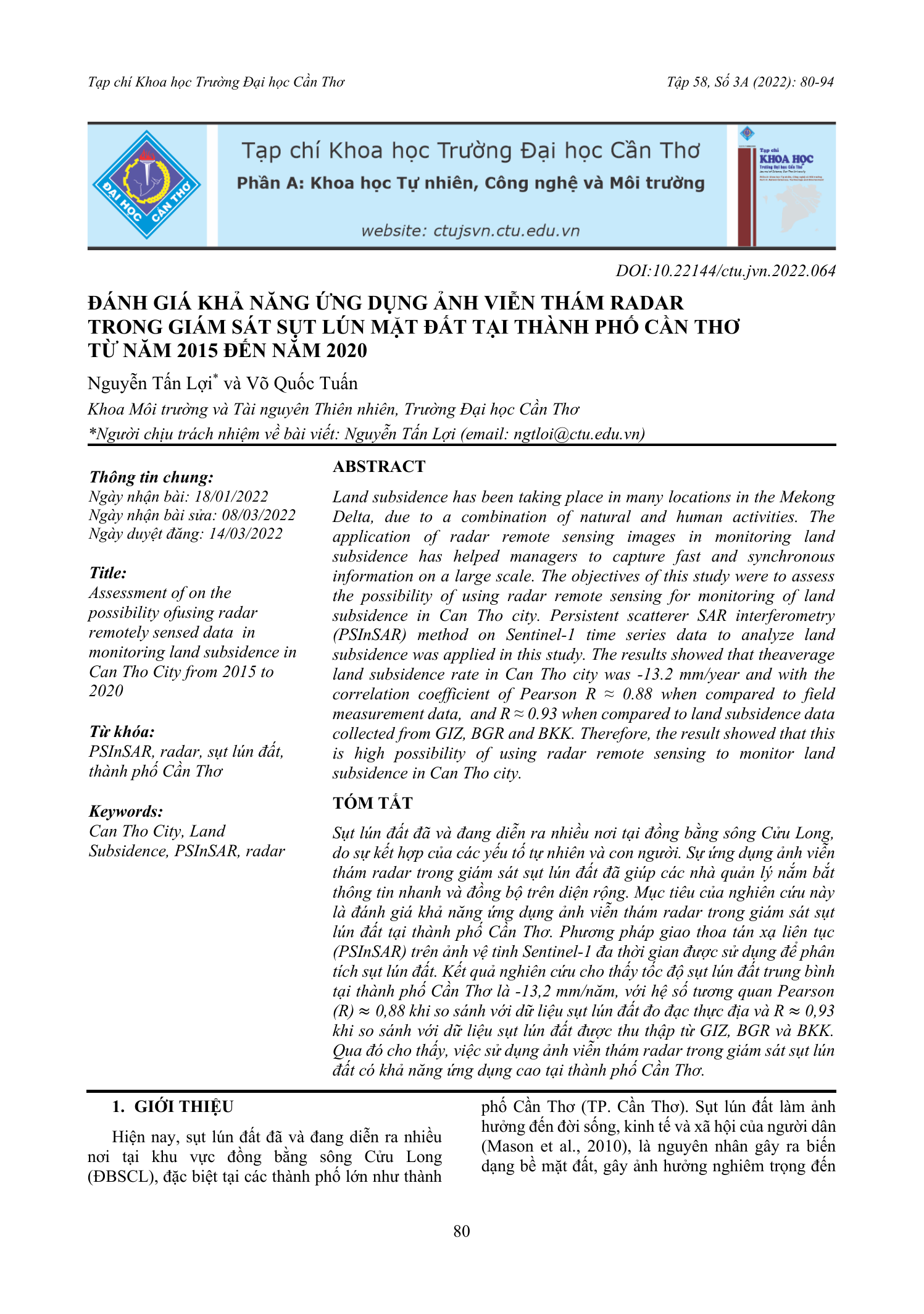 Đánh giá khả năng ứng dụng ảnh viễn thám radar trong giám sát sụt lún mặt đất tại thành phố Cần Thơ từ năm 2015 đến năm 2020