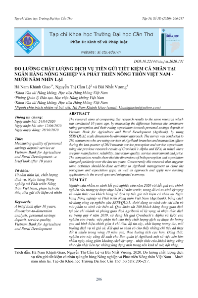 Đo lường chất lượng dịch vụ tiền gửi tiết kiệm cá nhân tại Ngân hàng Nông nghiệp và Phát triển Nông thôn Việt Nam – Mười năm nhìn lại