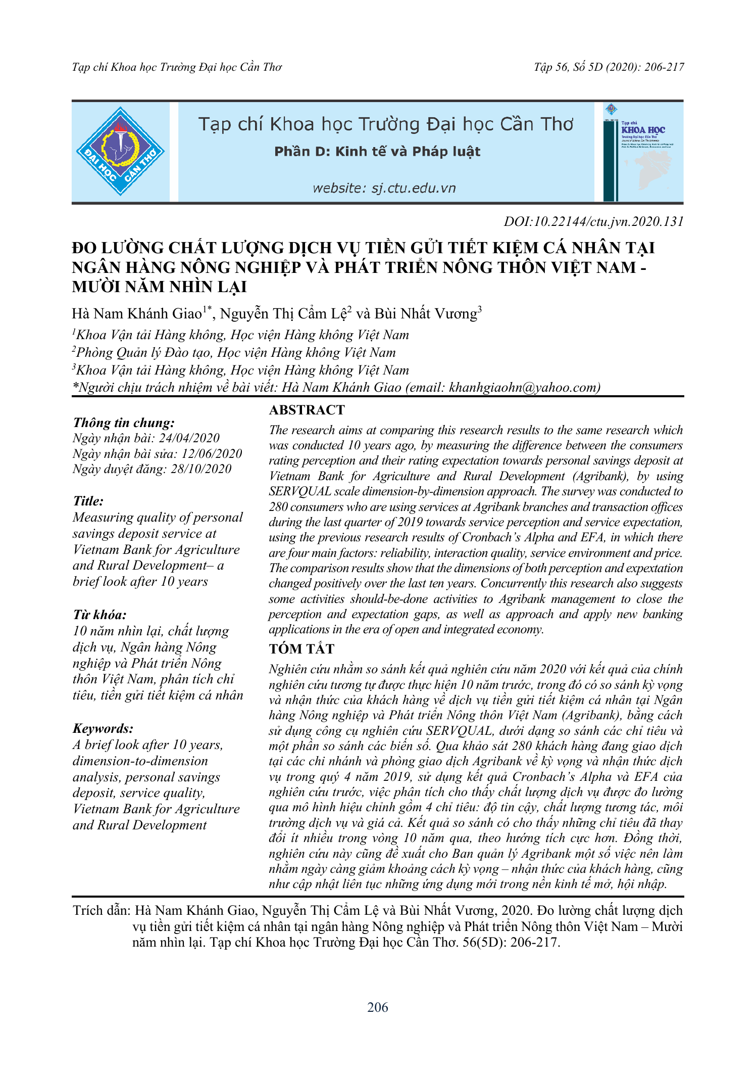 Đo lường chất lượng dịch vụ tiền gửi tiết kiệm cá nhân tại Ngân hàng Nông nghiệp và Phát triển Nông thôn Việt Nam – Mười năm nhìn lại
