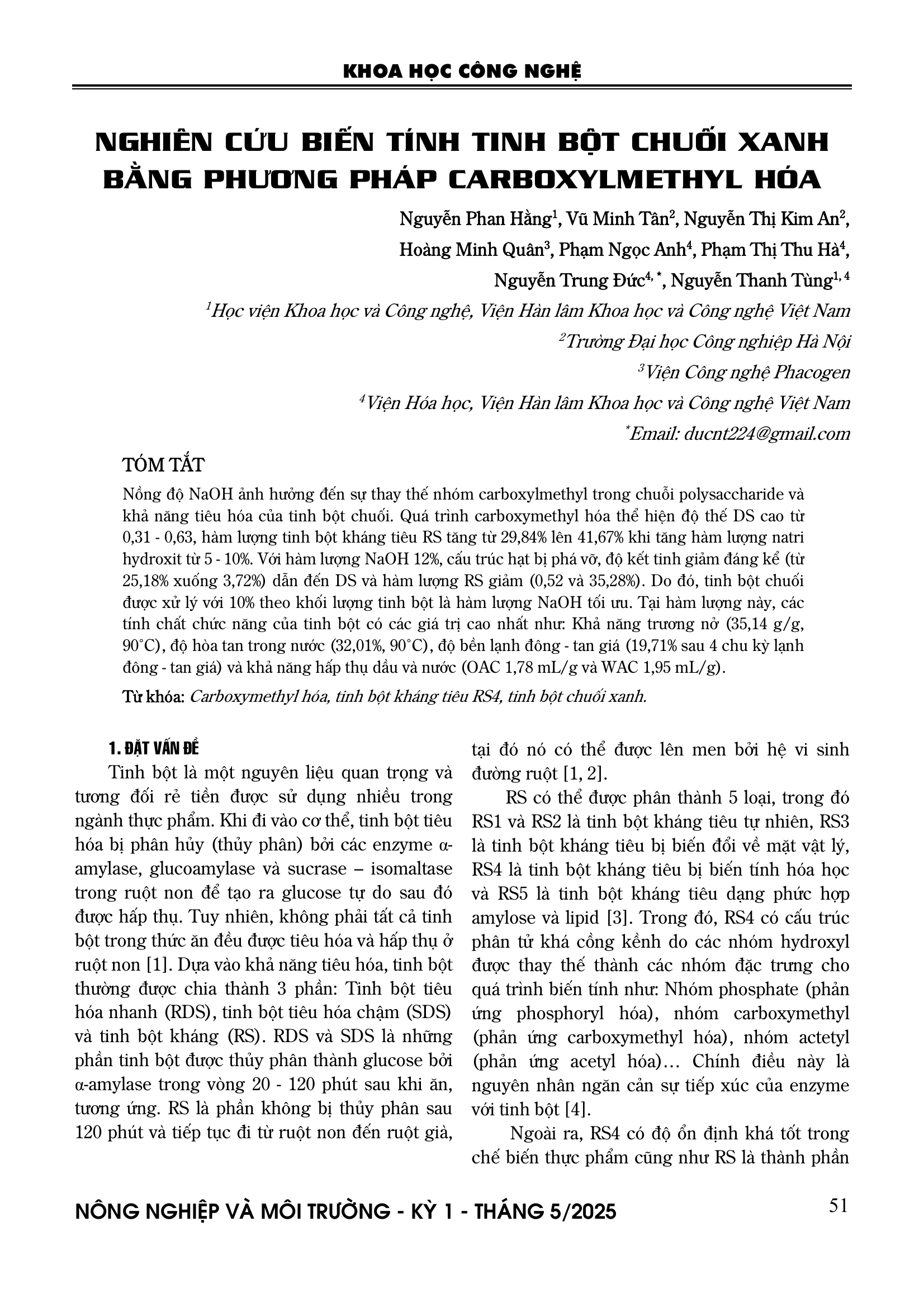Nghiên cứu biến tính tinh bột chuối xanh bằng phương pháp carboxymethyl hóa